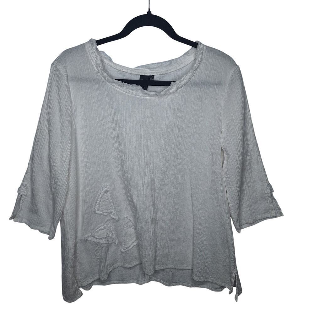 Focus Casual Life Crinkle Top Medium Gauze White Boxy Lagenlook Artsy Boho Crop